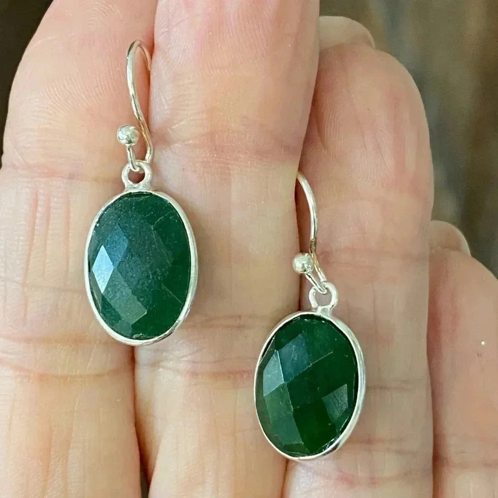 Emerald Green Beveled Stone Agate Solid 925 Sterling Silver Dangle Earrings
